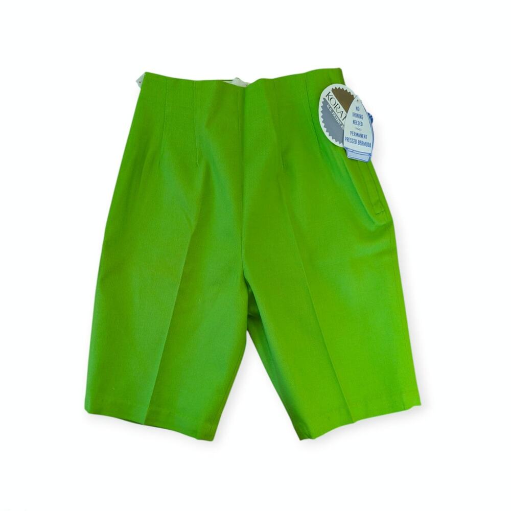 1960s Deadstock Shorts - Lime Green Flat Front Bermudas XS